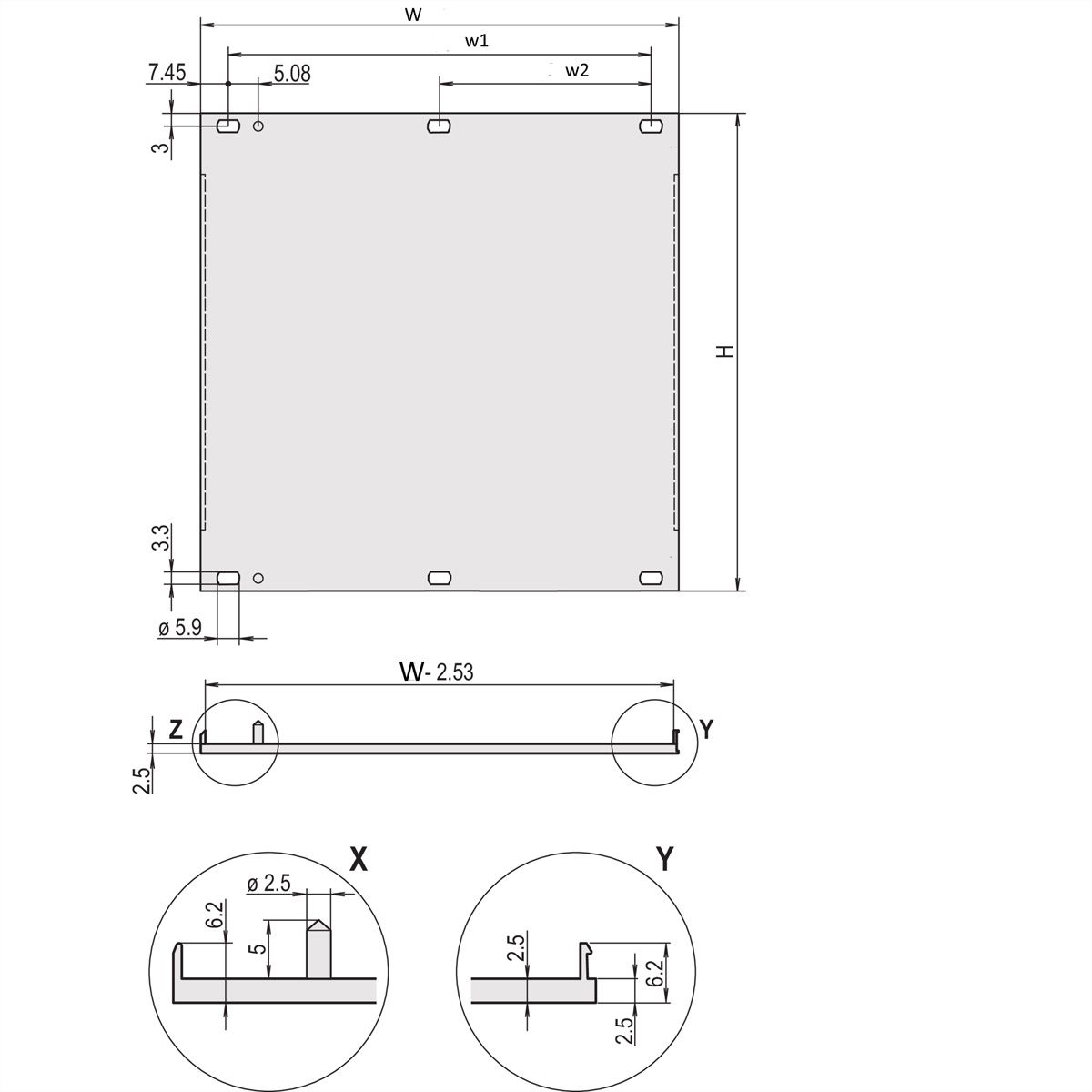 SCHROFF Front Panel, U-profile, Refrofit Shielding, 2 U, 84 HP, 2.5 mm, Al, Front Anodized, Rear Conductive
