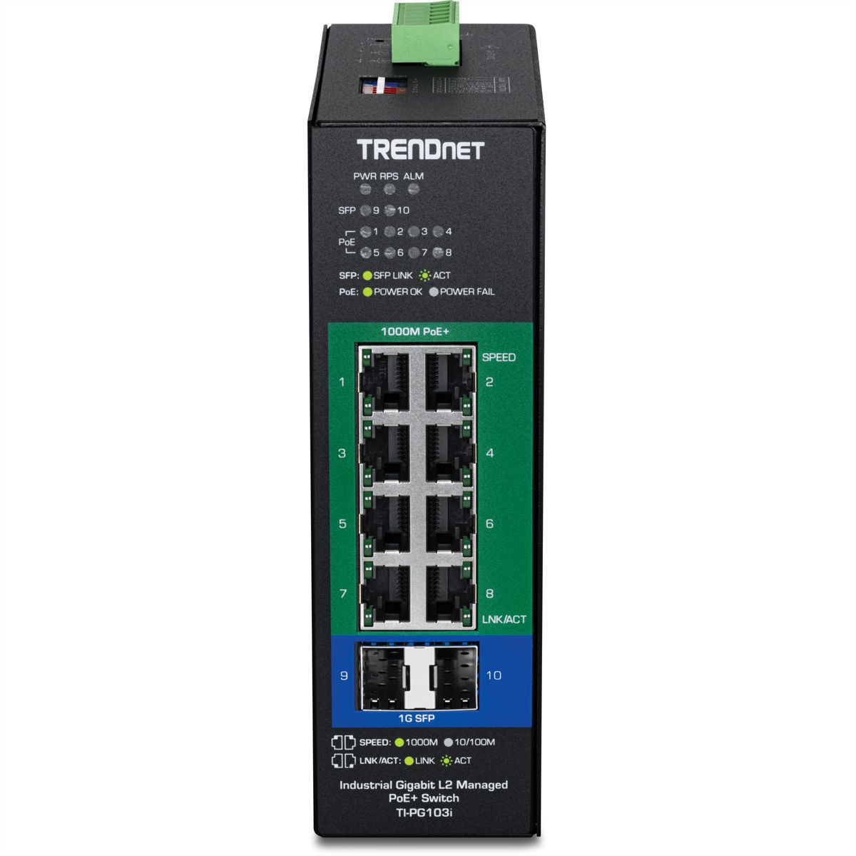 TRENDnet TI-PG103i 10-Port Industrial Gigabit L2 Managed PoE+ DIN-Rail Switch 24 – 57V