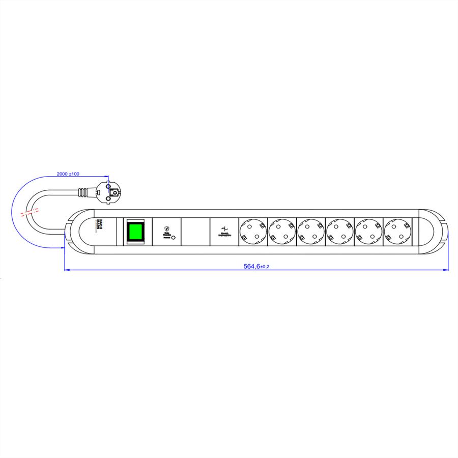 BACHMANN PRIMO 6xCEE7/3 1xGVS-Plus 1xswitch 2.0m CEE7/7