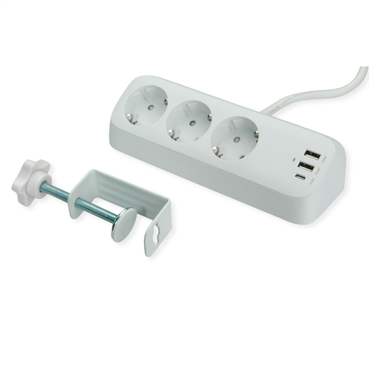 VALUE tafelstekkerdoos, 3-voudig met schakelaar, incl. 3x USB (2x A, 1x C), met tafelklem , 1,5 m