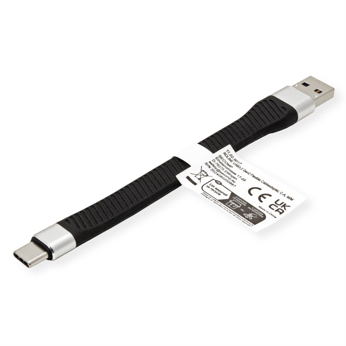 ROLINE USB 3.2 Gen 2 siliconenkabel, Emark, C-A, M/M, 10Gbit/s, zwart, 11 cm