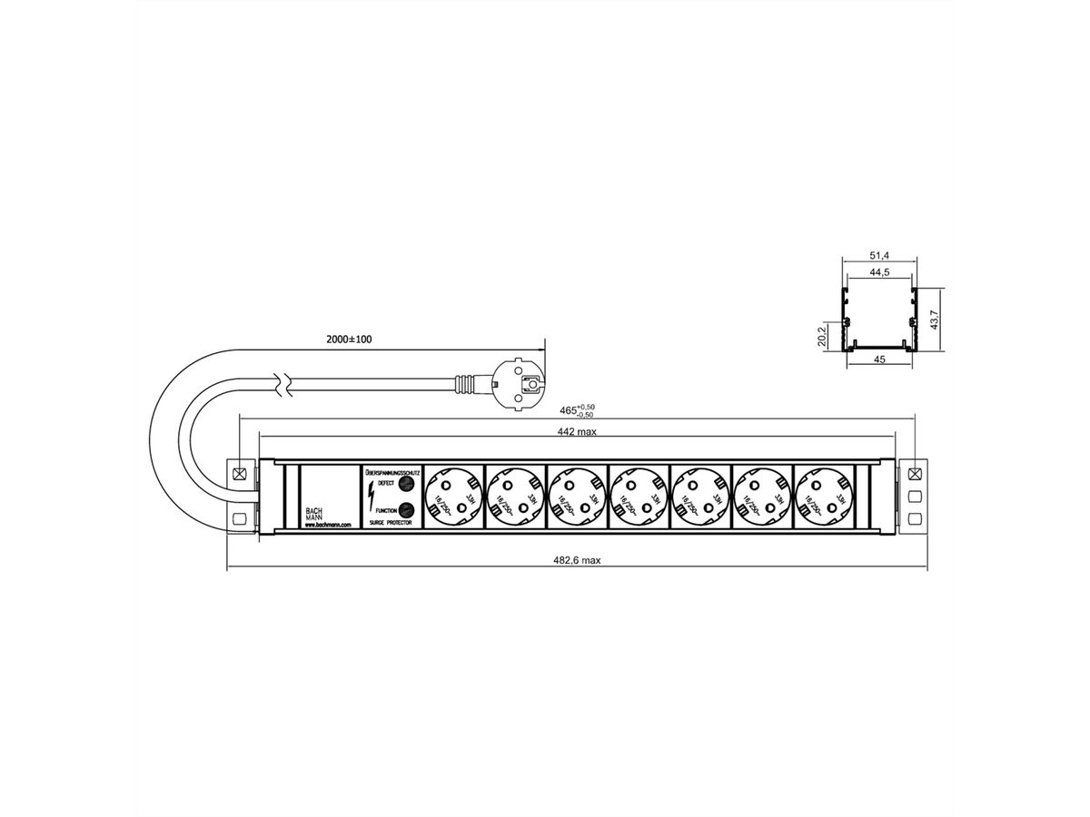 BACHMANN 19" 1.5U 7xCEE7/3 ws 1xSPD power 2.0m CEE7/7