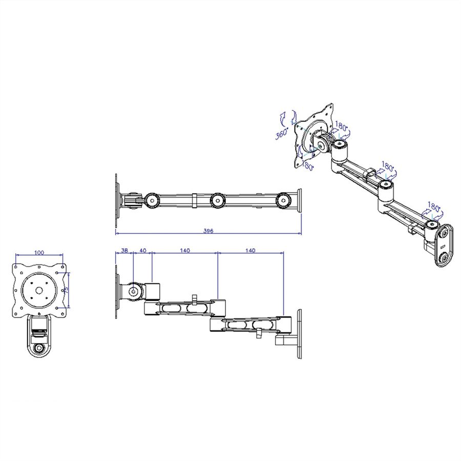 ROLINE LCD Monitor Arm, Wall Mount, 5 Joints, black