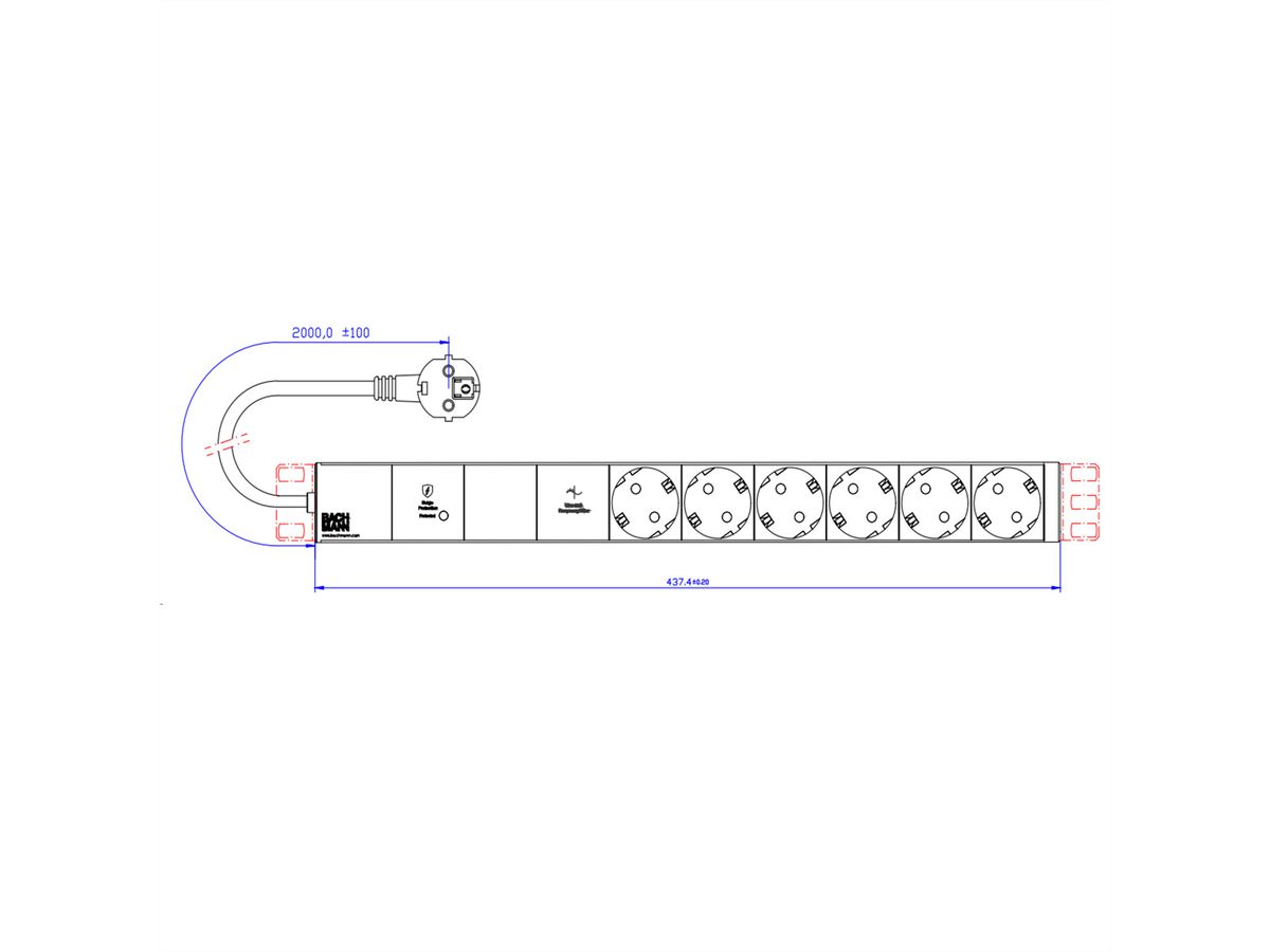 BACHMANN 19" 1U VM 6xCEE7/3 1xGVS-Plus 2.0m CEE7/7