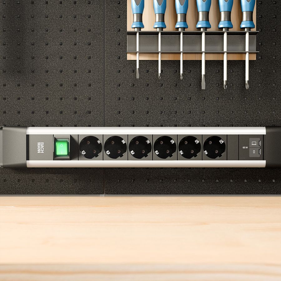 BACHMANN CONNECTUS 6xCEE7/3 1xSwitch, 1xUSB C/C 65W L=2.0m CEE7/7 grey