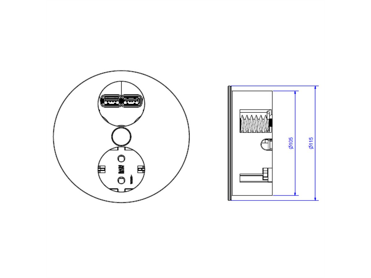 BACHMANN TWIST 1x geaard contact, adereindhulzen, USB oplader, geaarde stekker, Roestvrij staal, 2 m