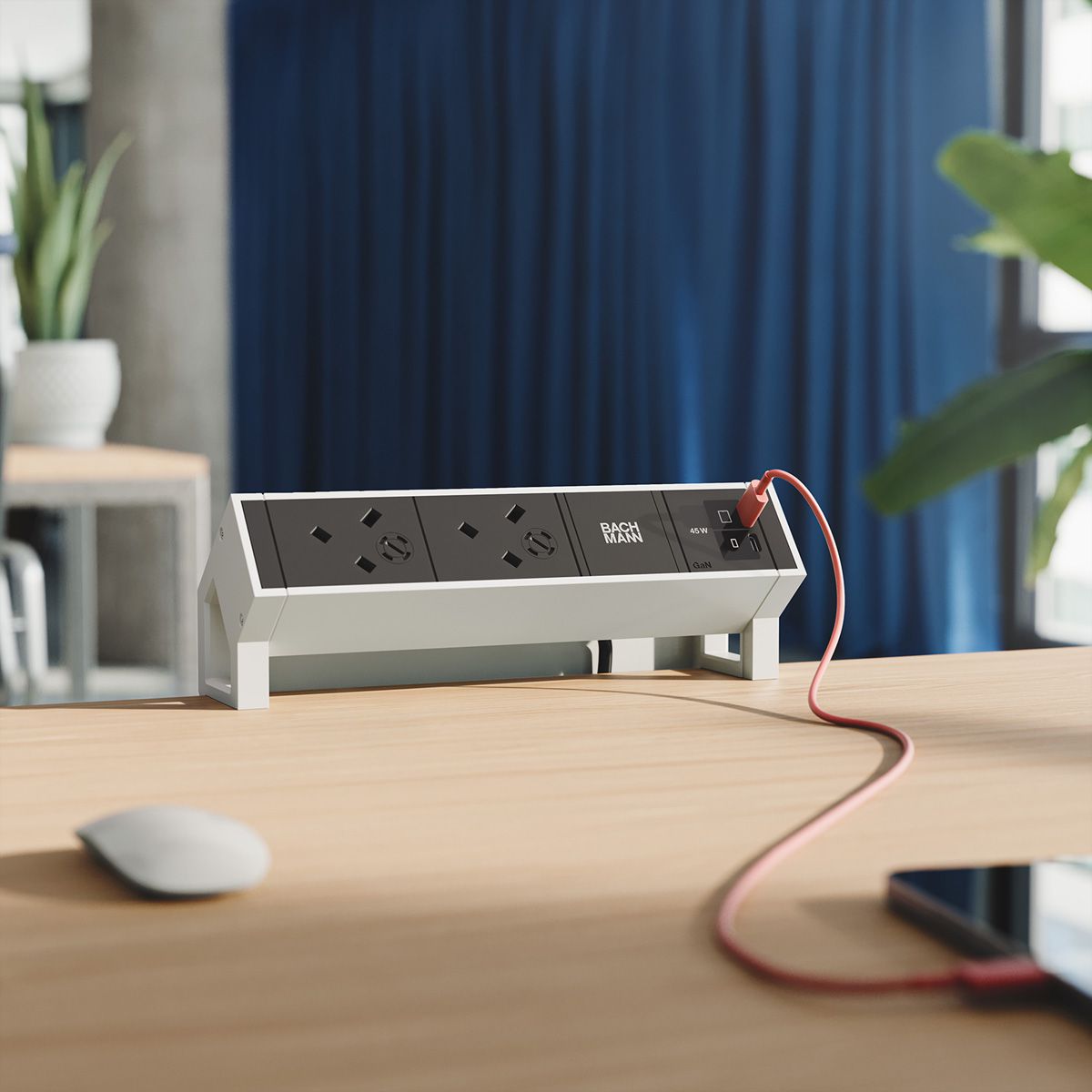 BACHMANN DESK2 2xUK 1xUSB C/C 45W, L=0,2m RAL9010