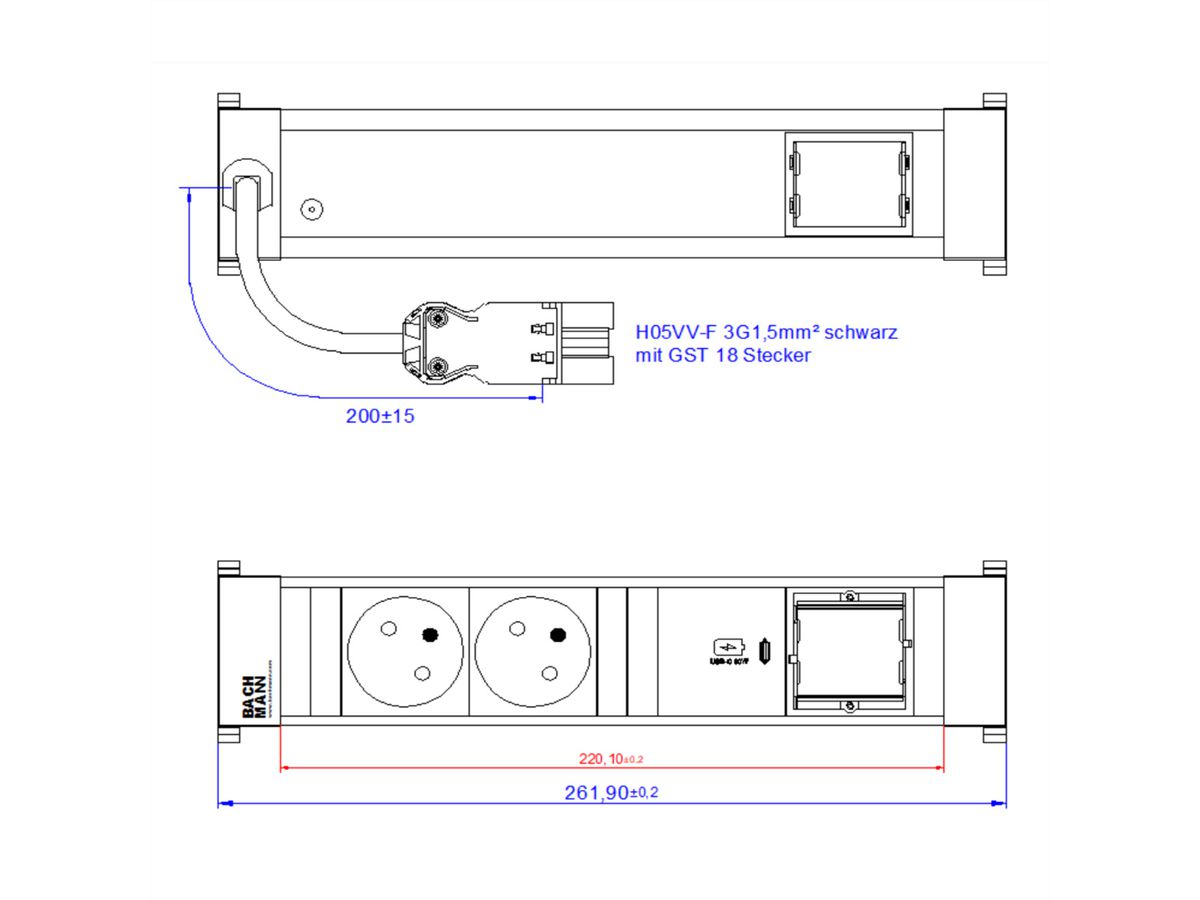 BACHMANN POWER FRAME M 2xUTE 1xCM 1xUSB C 30W 1xCM 0.2m GST18
