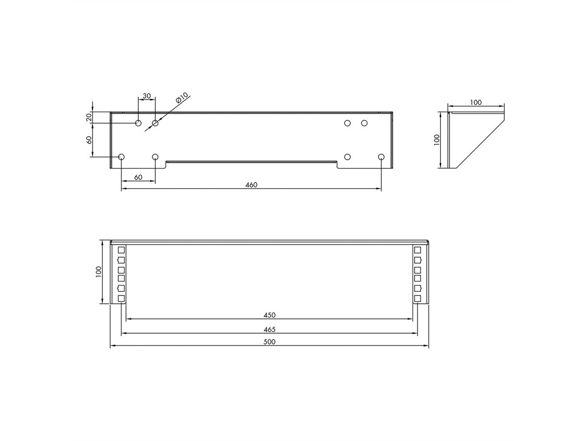 19" wand-/ondersteuningsbeugel, 2 HE, zwart