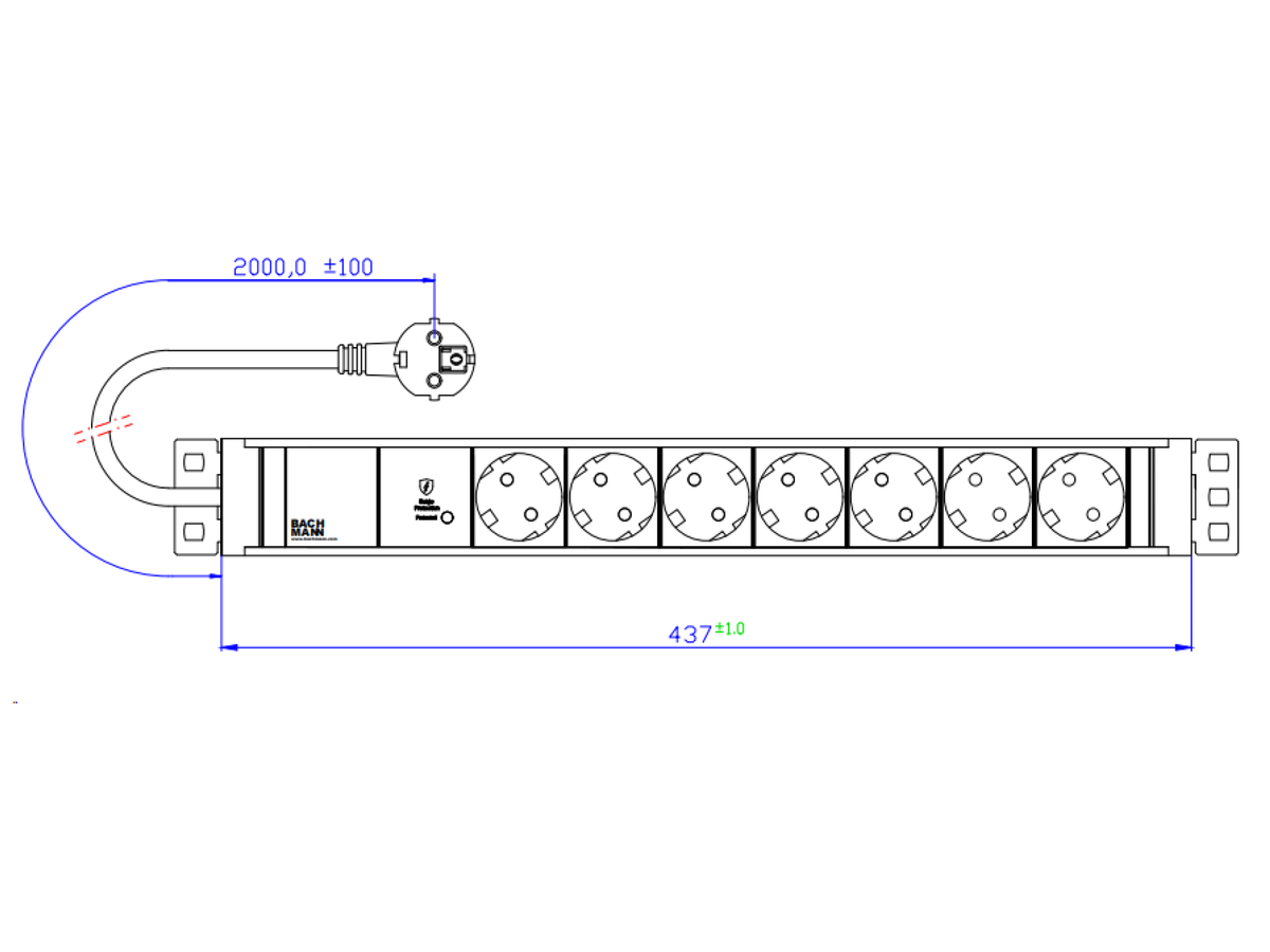 BACHMANN 19" 1,5U 7xCEE7/3 ws 1xSPD-Plus 2,0m CEE7/7