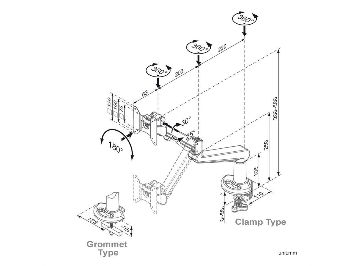 ROLINE LCD arm, tafelbevestiging, gasveer, 5 draaipunten