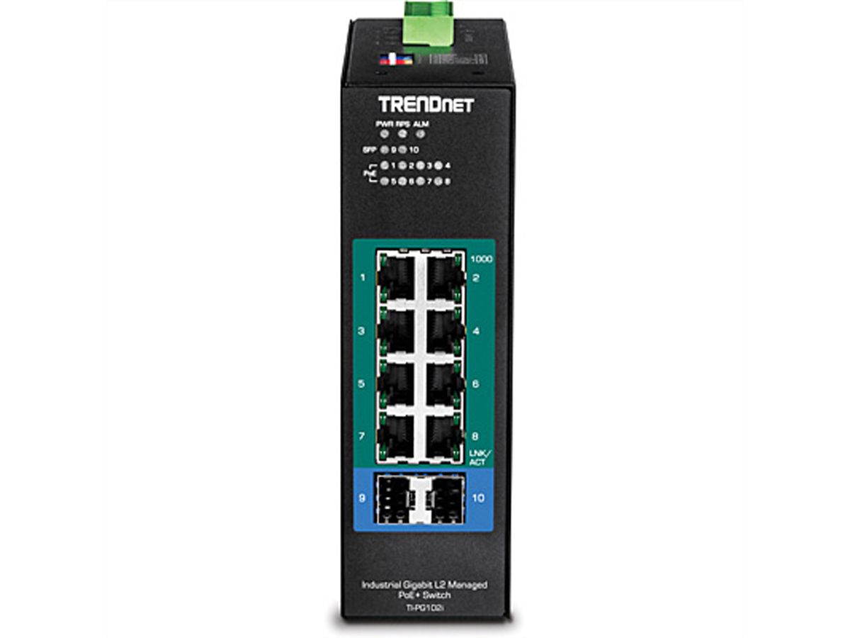 TRENDnet TI-PG102i 10-poorts DIN-Rail Switch Industrieel Gigabit beheerd PoE+