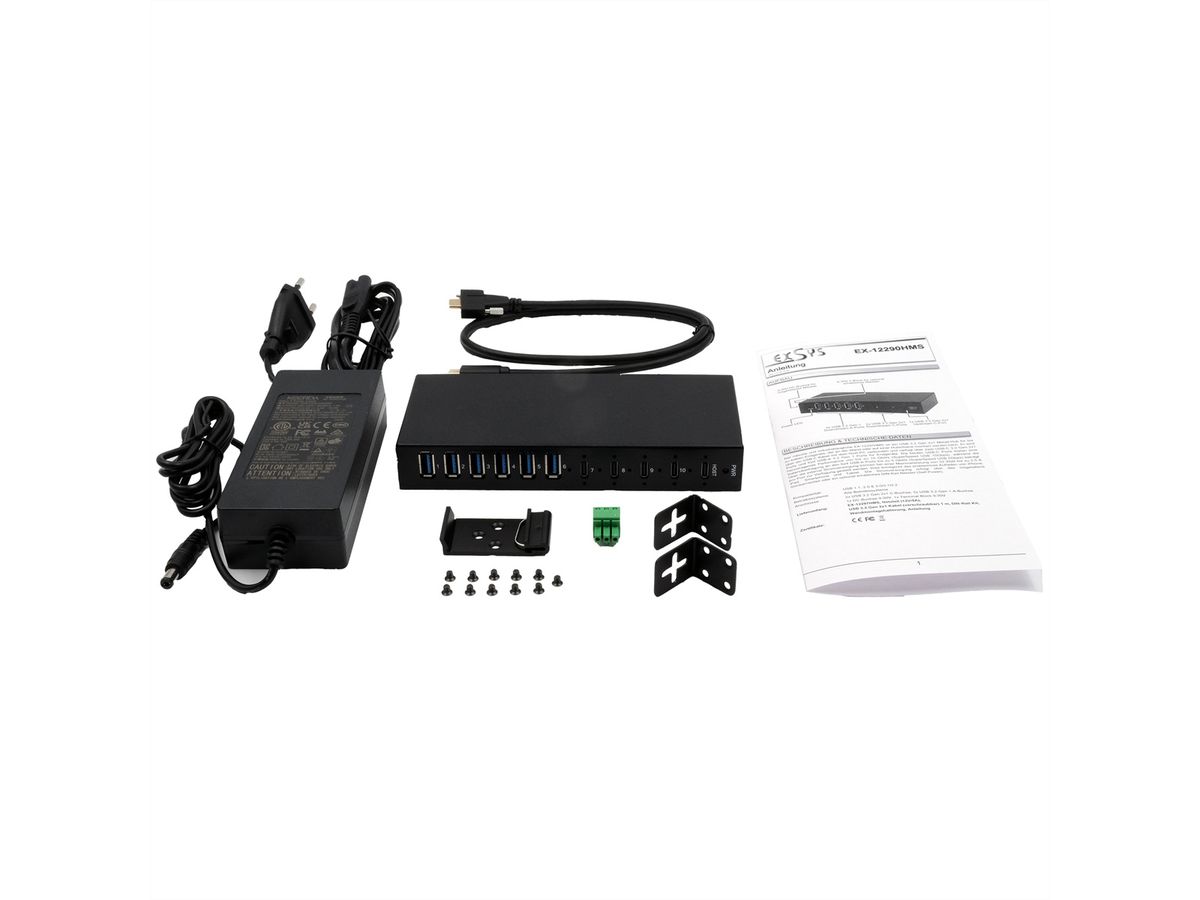EX-12290HMS 10-poorts USB 3.2 Gen 2x1 metalen HUB met 4x USB-C en 6x USB-A 3.2 Gen 1-poorten, voor desktop-, wand- en DIN-railmontage