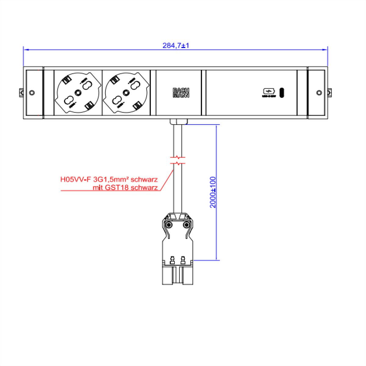 BACHMANN DESK RAIL 2xP40 1xUSB C 60W, 2.0m GST18 Italia