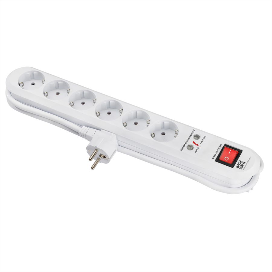 BACHMANN SMART stekkerdoos 6x geaard contact, schakelaar, overspanningsbeveiliging, wit, 1,5 m