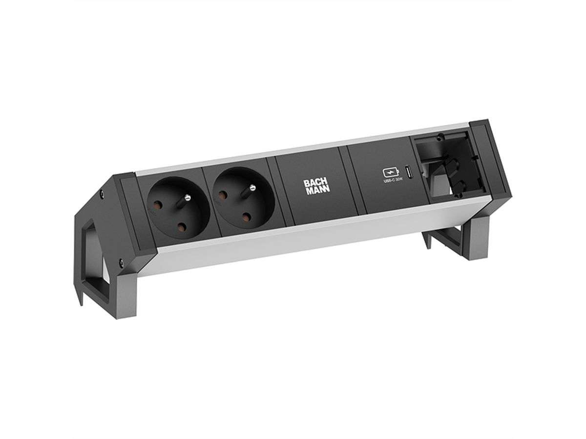 BACHMANN DESK2 ALU ZWART 2xUTE 1xCM 1xUSBC 30W 0,2m GST18