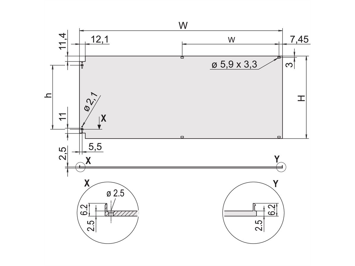 SCHROFF voorpaneel, afgeschermd, zijdelings scharnierend, 3 HE, 84 HP, 2,5 mm, Al, vooraan geanodiseerd, achteraan geleidend