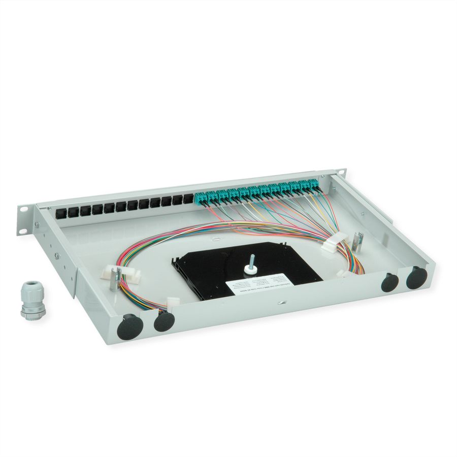TELEGÄRTNER BASIS V LWL-Panel mit Kupplungen & Pigtails, 12x LC Duplex, türkis, OM3