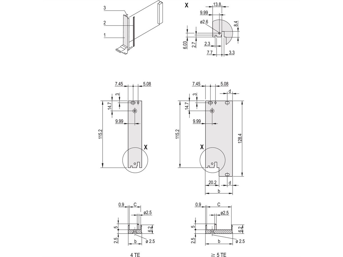 SCHROFF-insteekmodule U-profiel voor IEL, IET, type 2, 3 HE, 10 HE, 0,1" offset, 2,5 mm, Al, geanodiseerd vooraan, geleidend achteraan