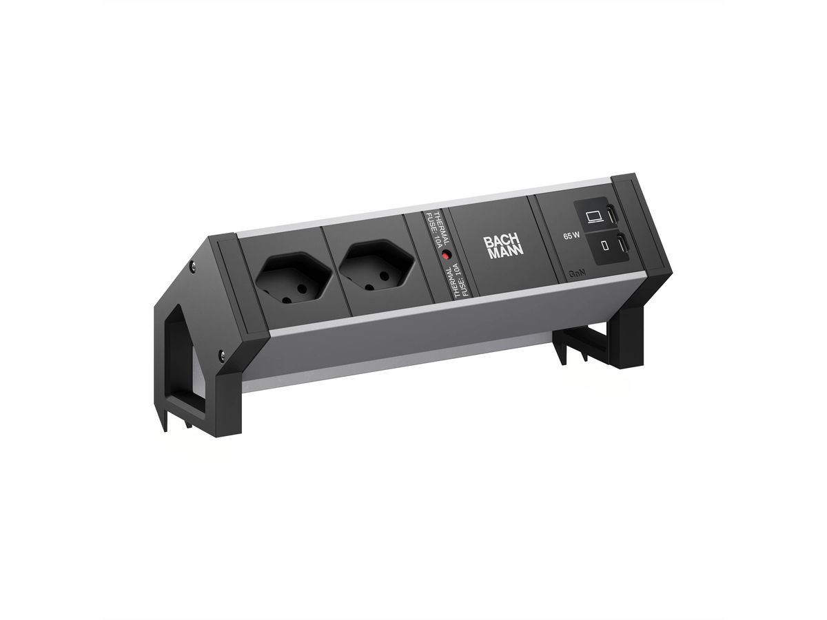 BACHMANN DESK2 ALU BLACK 2xCH 90°, 1xUSB C/C 65W L=0,2m