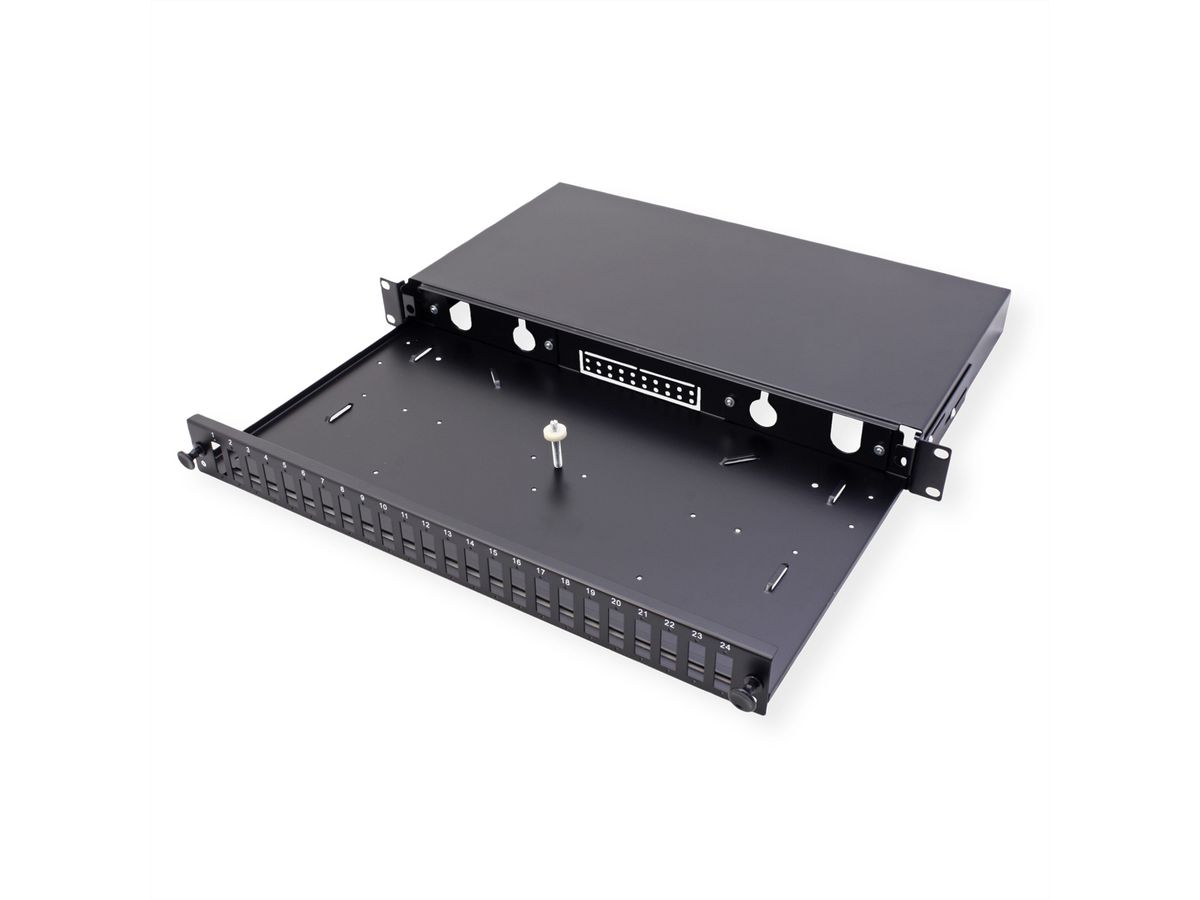 VALUE 19" glasvezel patchbox, leeg 1 HE, uittrekbaar, geschikt voor 24x SC-DX/LC 4-voudig
