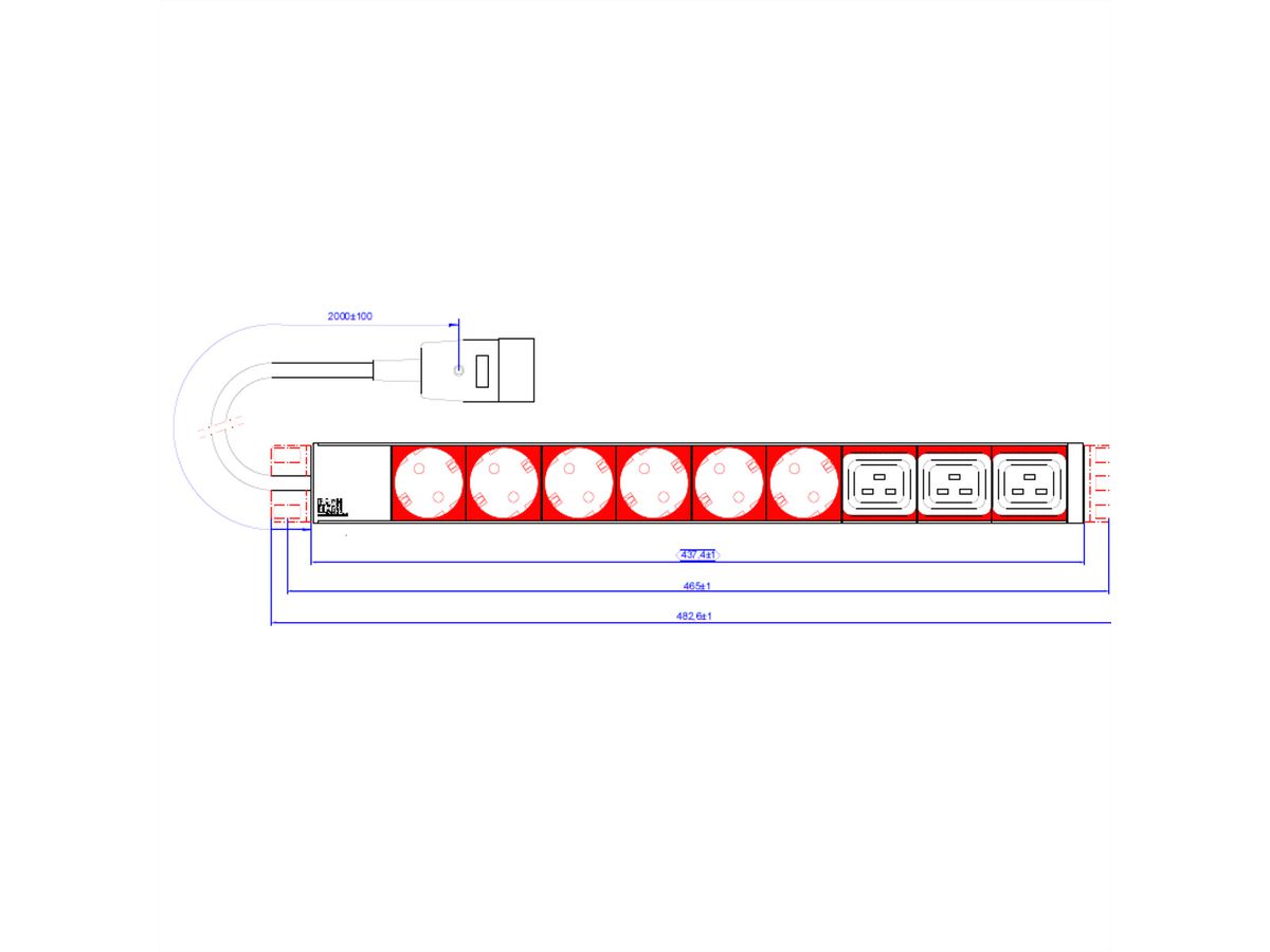 BACHMANN IT PDU ALU 1HE 6x geaard contact 3x C19, Stroomkabel met stekker C20, zwart