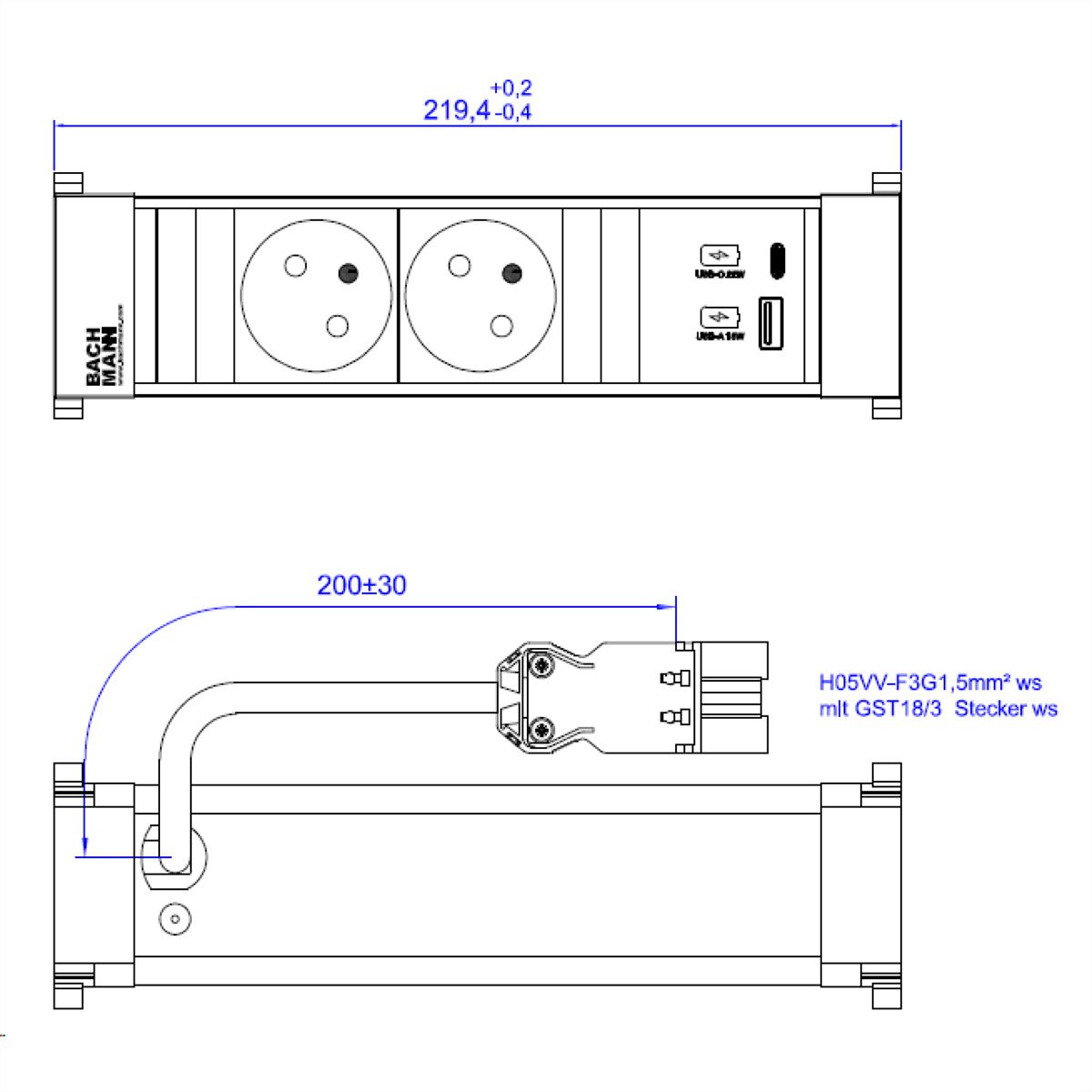 BACHMANN POWER FRAME 2xUTE 1xUSB A/C 22W 0.2m GST18
