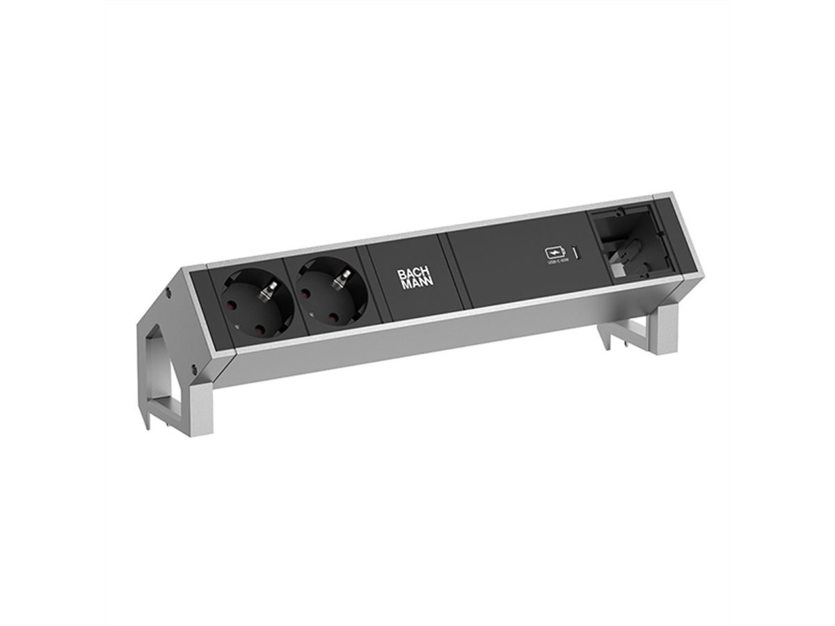 BACHMANN DESK2 2xbeschermend contact USB C, USB Lader 60W 1xABD 0,2m GST18 INOX