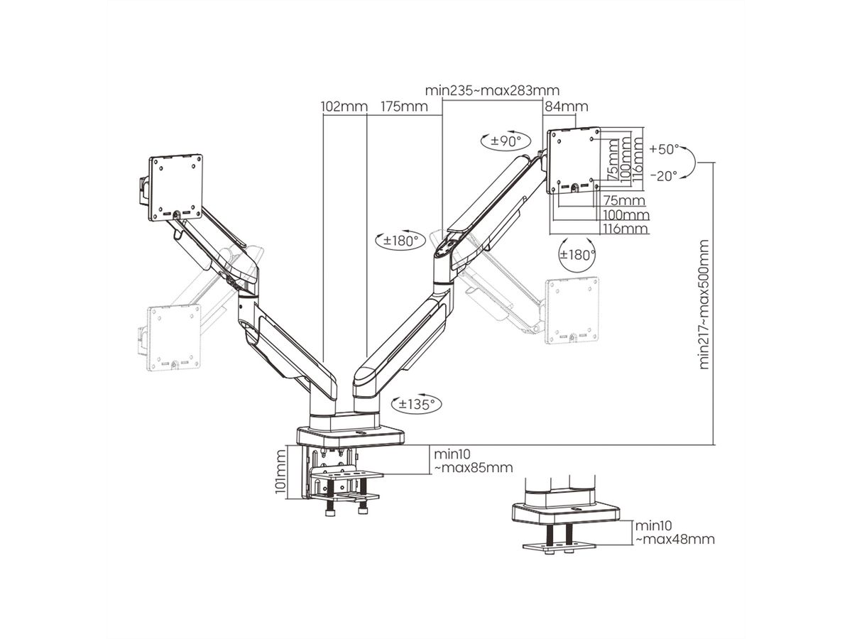 ROLINE LCD dubbele arm, tafelmontage, gasveer, 5 draaipunten, max. 20 kg