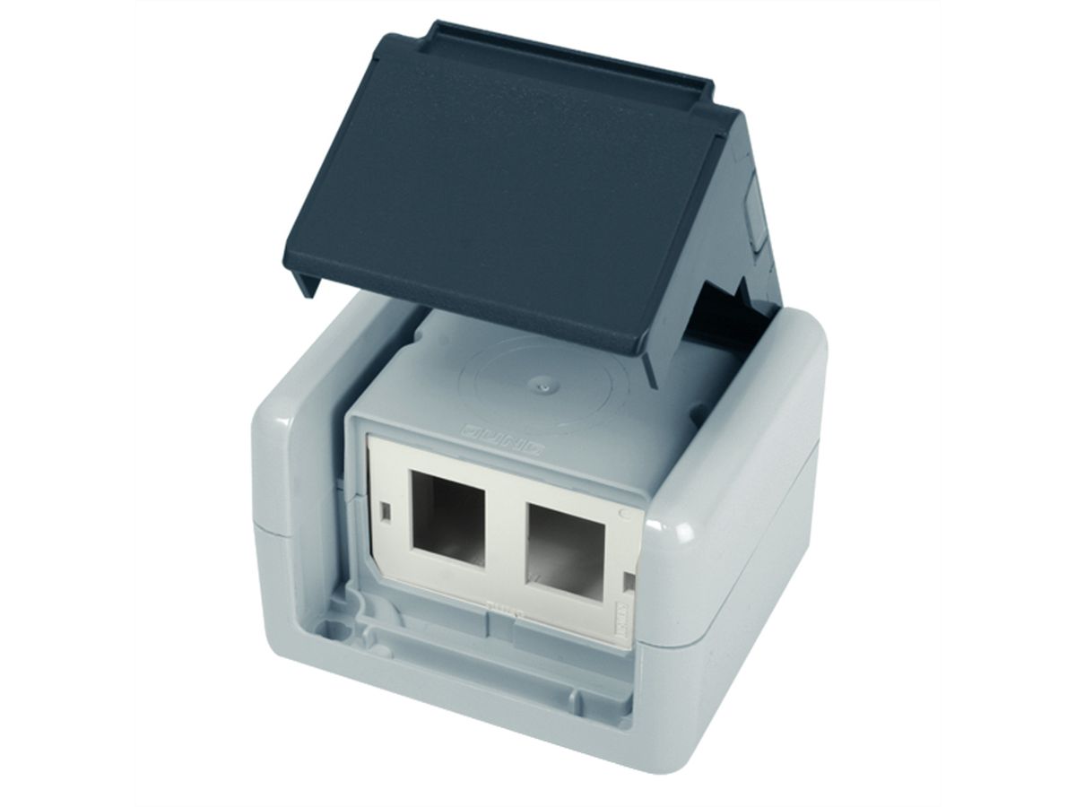 TELEGÄRTNER, data outlet IP44, 75x86x58, grey, incl. mounting plate for 2x AMJ resp. UMJ Module/Adaptor