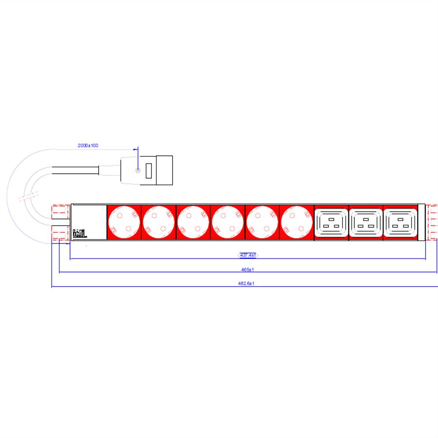 BACHMANN IT PDU ALU 1HE 6x geaard contact 3x C19, Stroomkabel met stekker C20, zwart