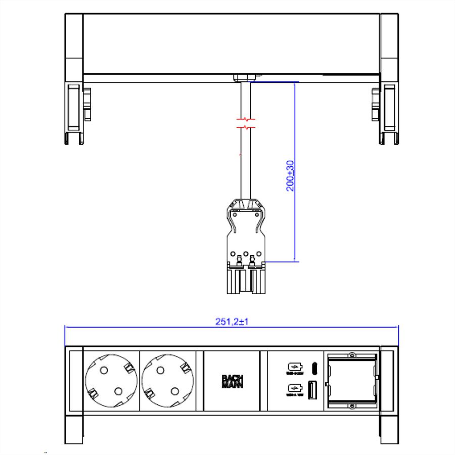 BACHMANN DESK2 wit 2xCEE7/3 1xCM 1xUSB A/C 22W 0,2m GST18