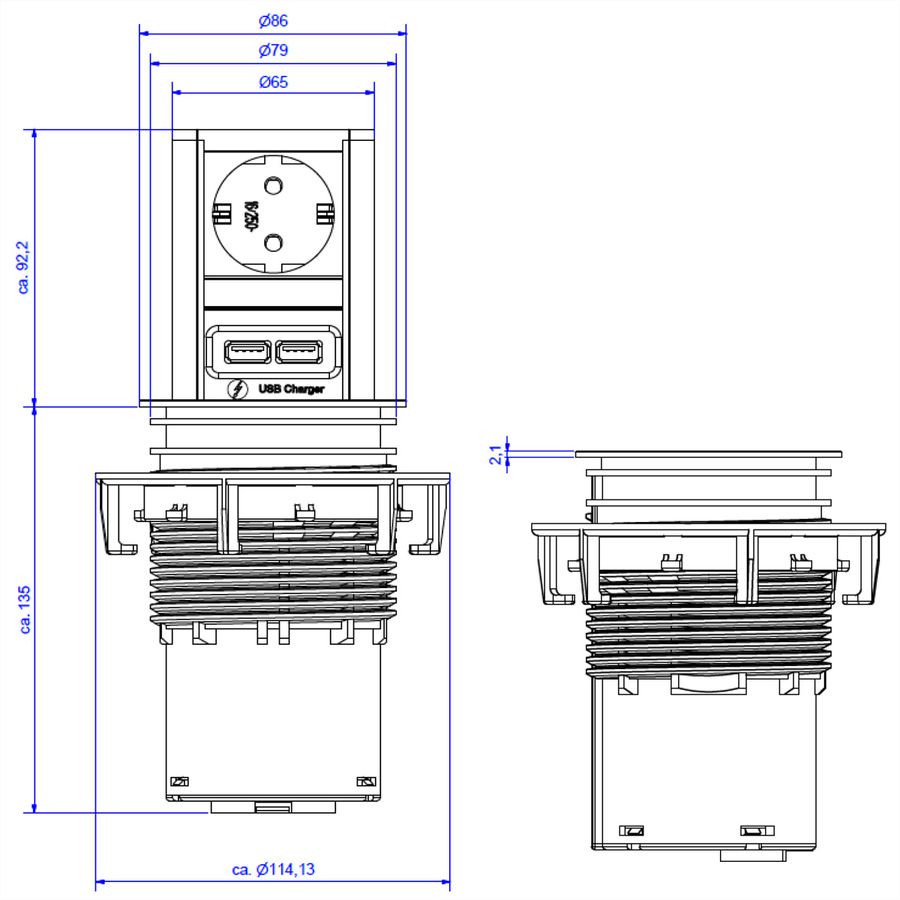 BACHMANN ELEVATOR 1xCEE7/3 1xUSB Charger 2.0m AEH RAL9005