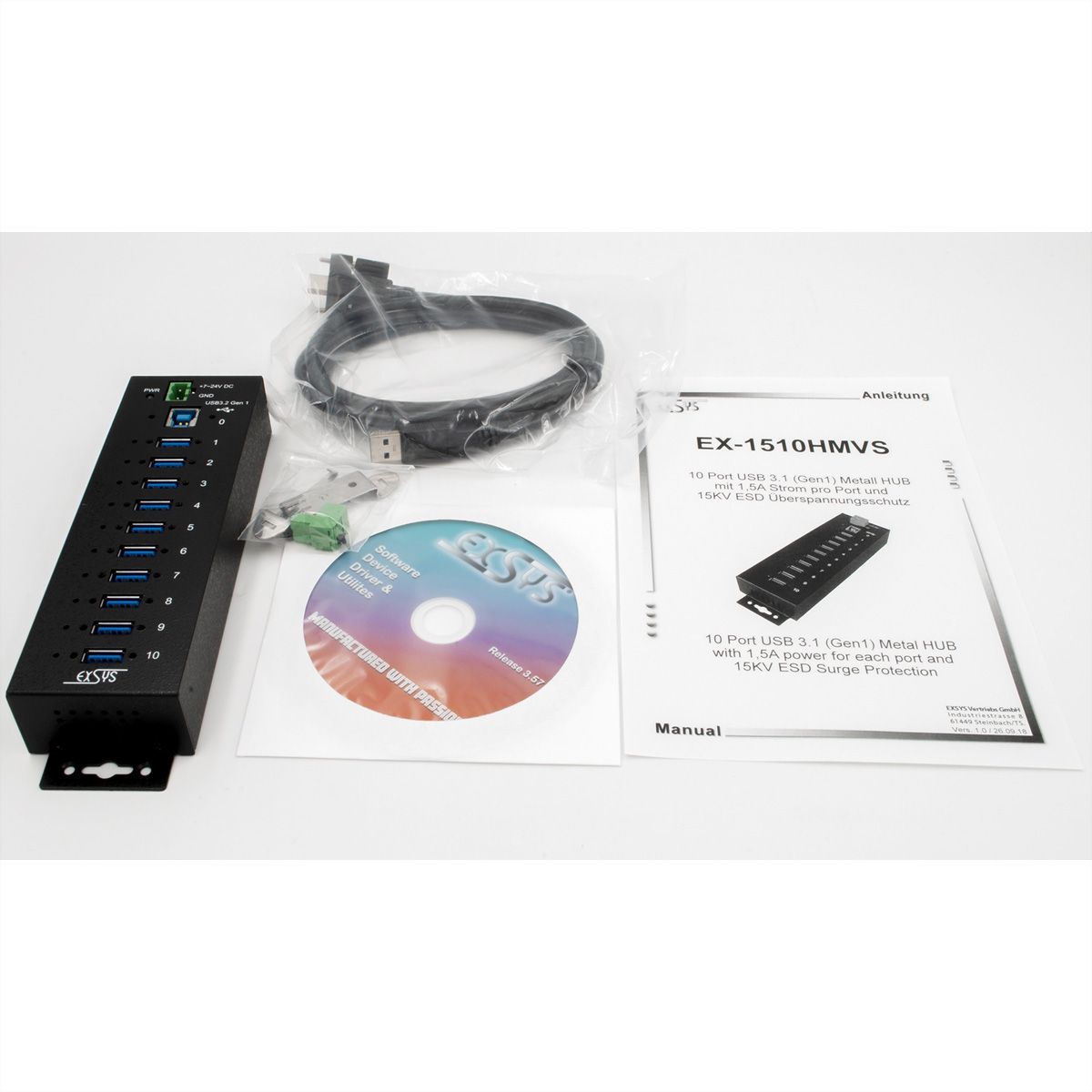 EXSYS EX-1510HMVS 10 Port USB 3.2 Gen1 Managed Metall HUB mit 15KV ESD Überspannungs-Schutz Din-Rail