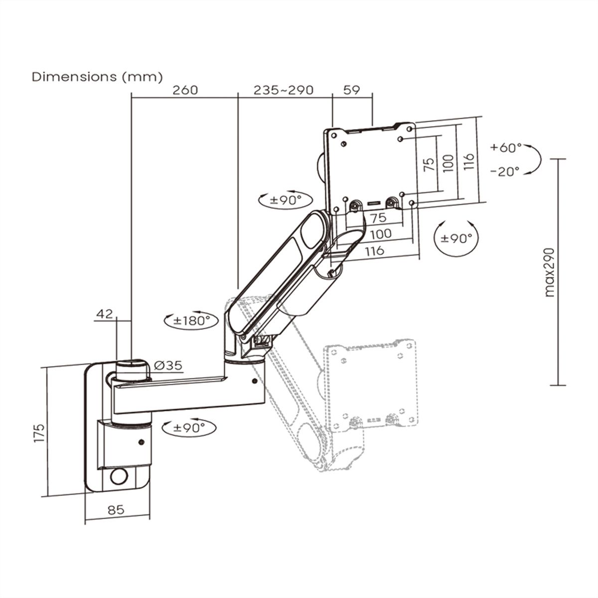 ROLINE Heavy-Duty Gas Spring Monitor Arm, Wall Mounted, <27kg, <144,78cm (57")