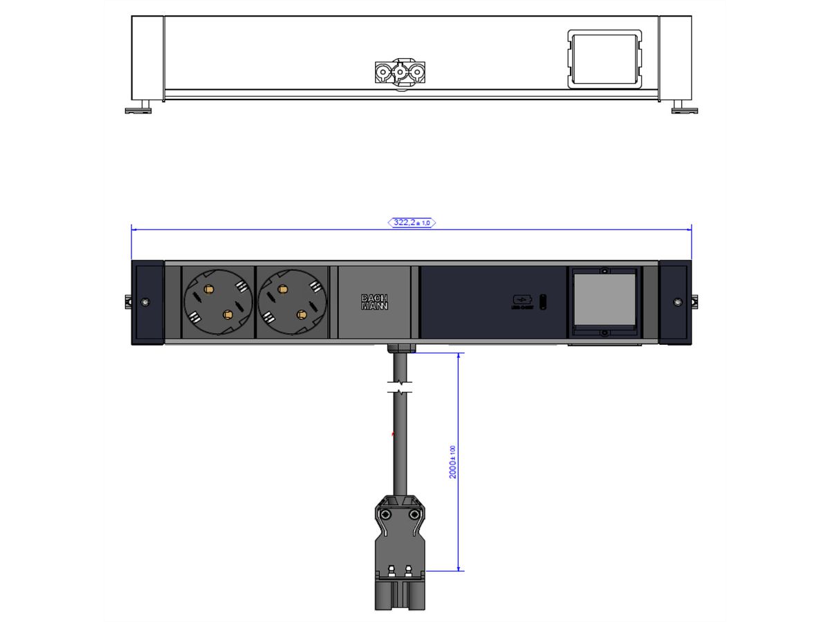 BACHMANN DESK RAIL 2x Geaard stopcontact USB C, USB Oplader 60W 1xABD 2,0m GST18
