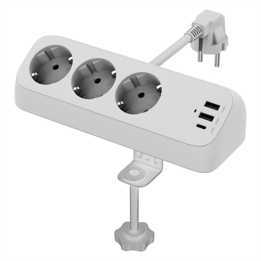 VALUE tafelstekkerdoos, 3-voudig met schakelaar, incl. 3x USB (2x A, 1x C), met tafelklem , 1,5 m