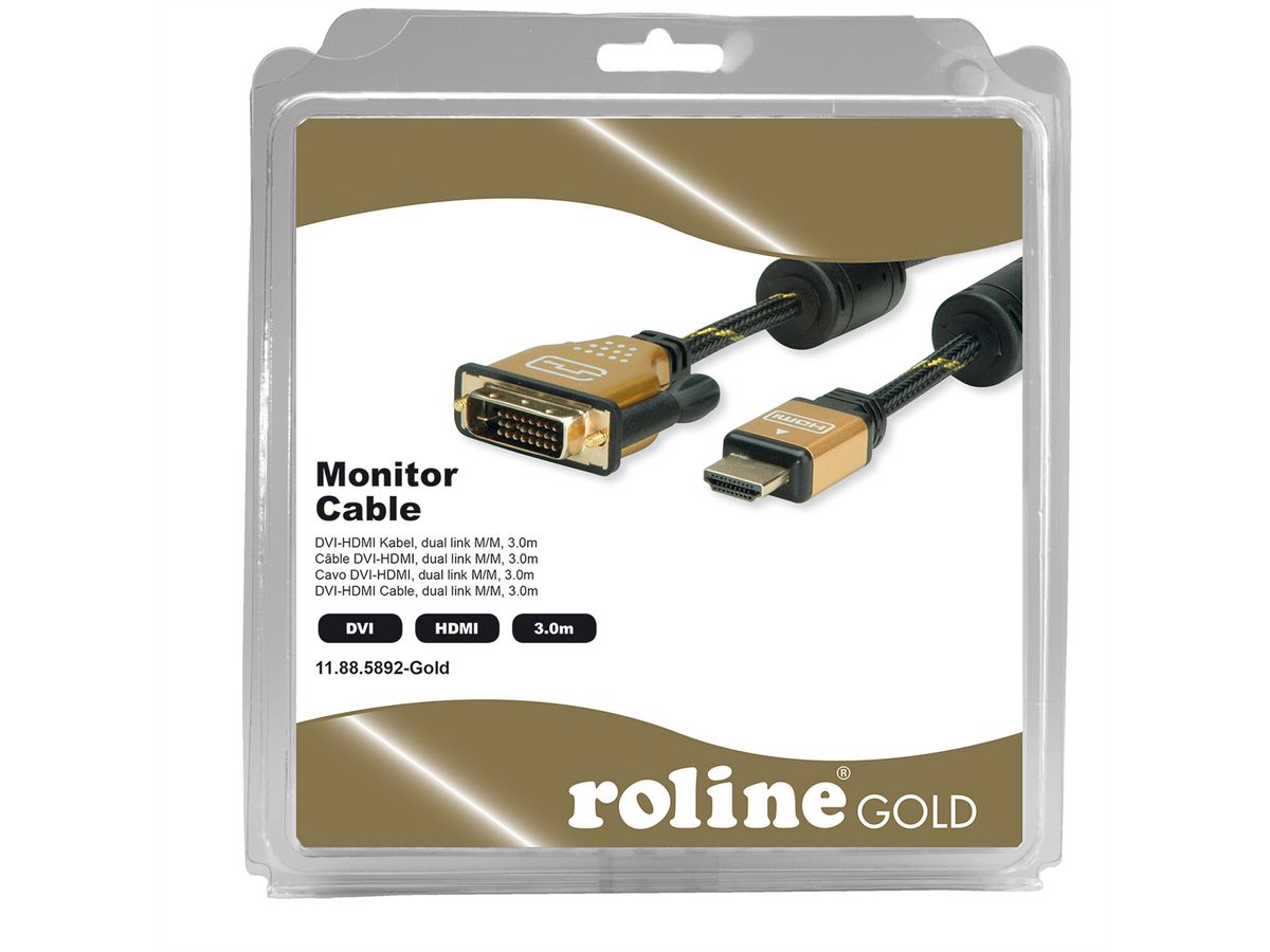 ROLINE GOLD Monitorkabel DVI - HDMI, M-M, (24+1) dual link, Retail Blister, 3 m