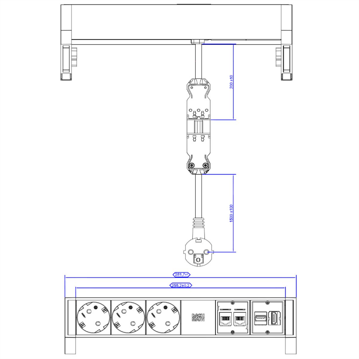 BACHMANN socket strip DESK2 3x earthing contact, 2x CAT6a, 1x HDMI, USB3.0, white