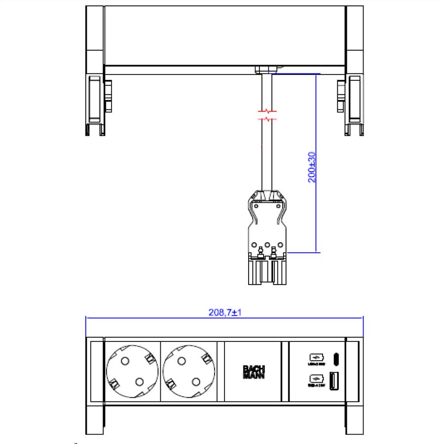BACHMANN DESK2 ALU WHITE 2xCEE7/3 1xUSB A/C 22W 0,2m GST18