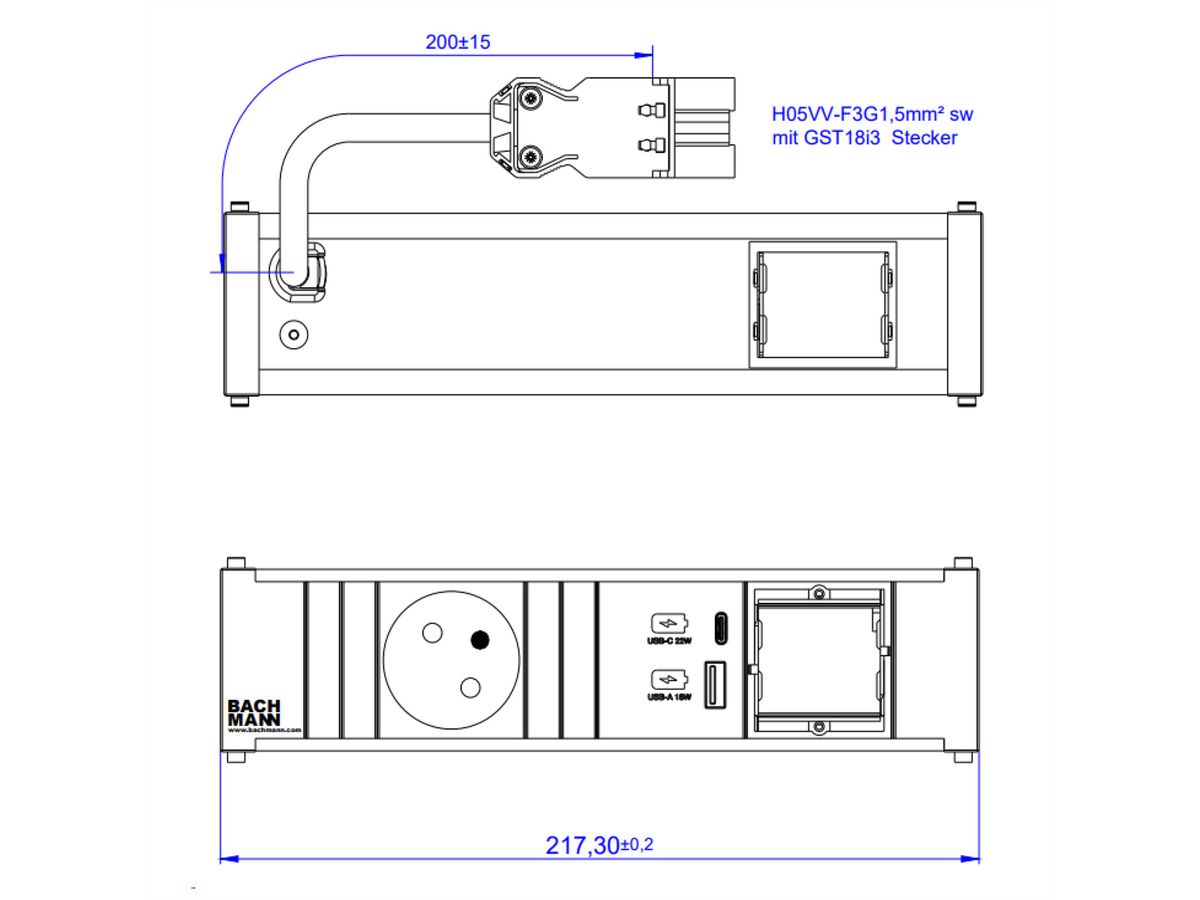 BACHMANN CONI 1xUTE 1xUSB A/C 22W 1xCM 0.2m GST18