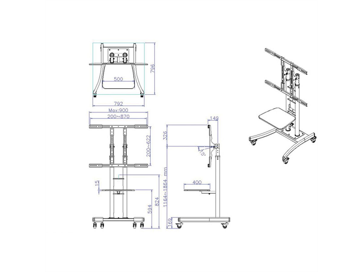 VALUE LCD/TV Mobile Cart, heavy weight (up to 125kg), black