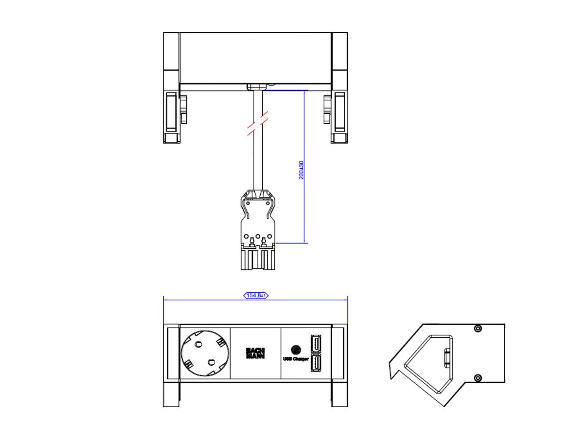 BACHMANN DESK2 1x geaard stopcontact 1xUSB Lader Inox