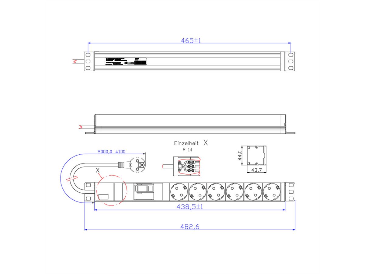 BACHMANN 19" 1U 6xCEE7/3 1xFI voeding 2,0m CEE7/7