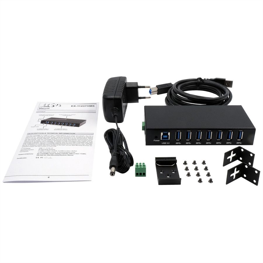 EXSYS EX-11237HMS-2 7 Port USB 3.2 Gen 1 HUB Din-Rail Kit