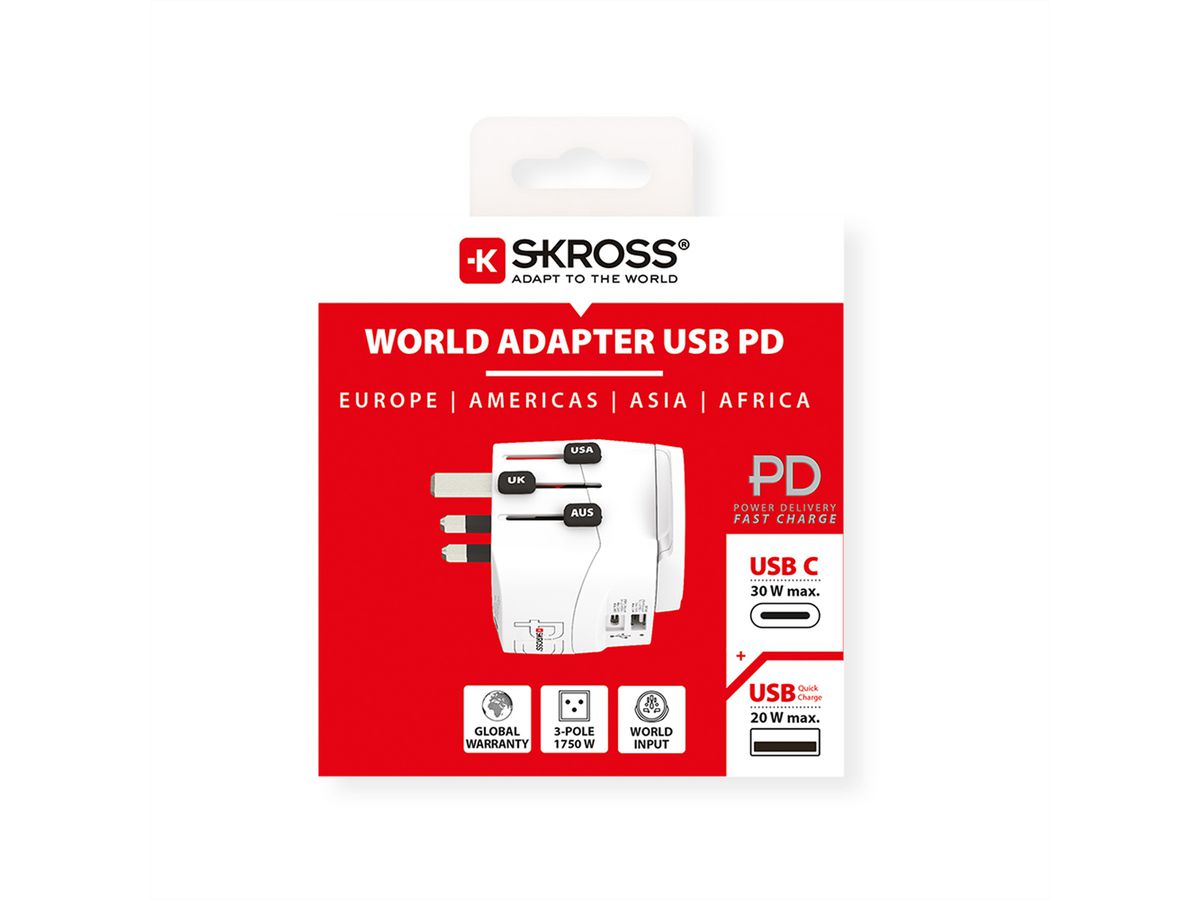Skross PRO Light USB AC30PD World Travel Adapter, worldwide
