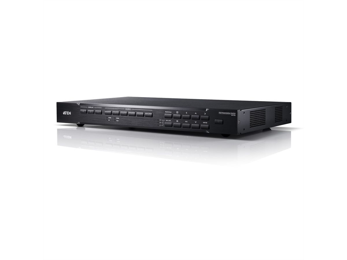 ATEN VP2730 7 x 3 naadloze presentatiematrixswitch met scaler, streaming, audiomixer en HDBaseT