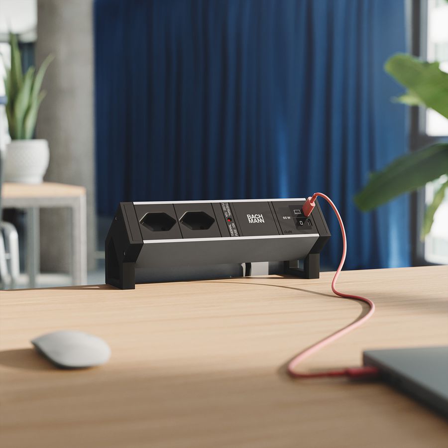 BACHMANN DESK2 ALU BLACK 2xCH 90°, 1xUSB C/C 65W L=0,2m