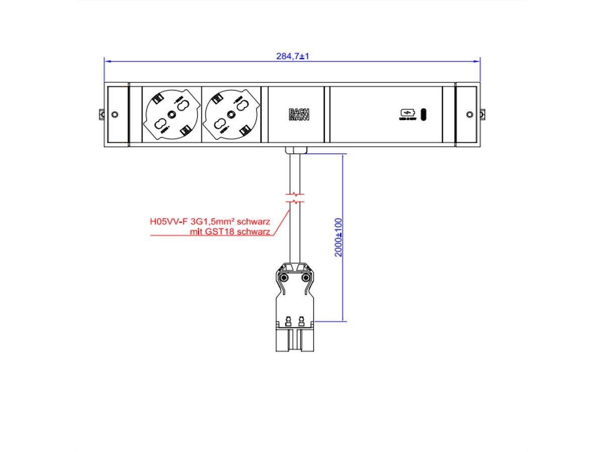 BACHMANN DESK RAIL 2xP40 1xUSB C 60W, 2,0m GST18 Italië