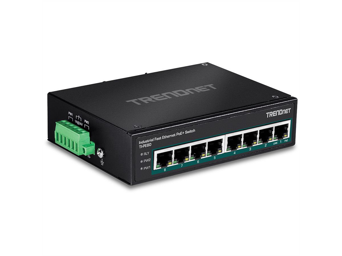 TRENDnet TI-PE80 Industriële Fast Ethernet PoE+ DIN-rail Switch 8-poorts